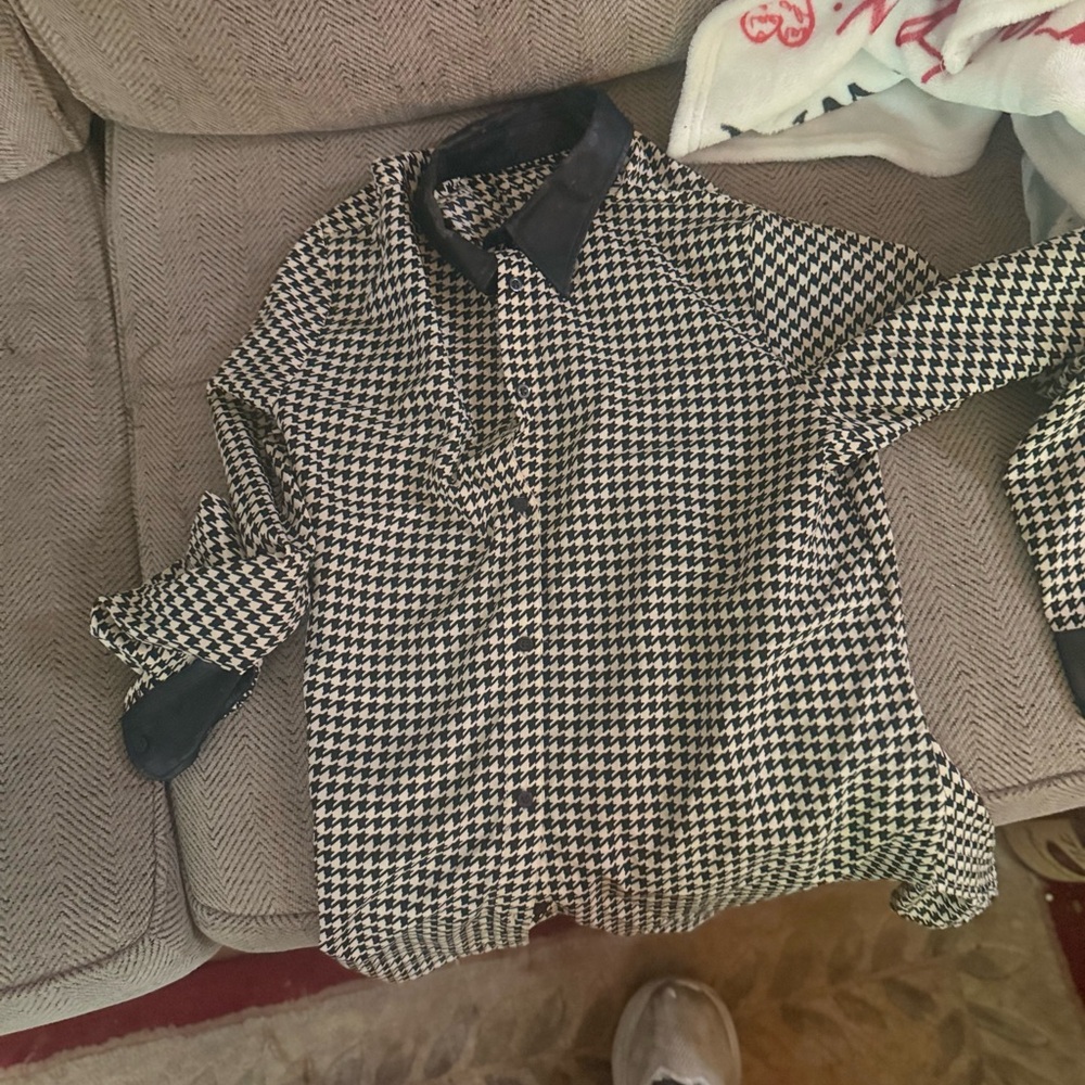 Ralph Lauren Black and White Houndstooth Button-Down Blouse with Black Trim